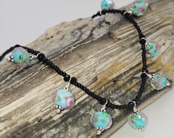 Aqua Lampwork Glitter Bead Choker with Extension Chain