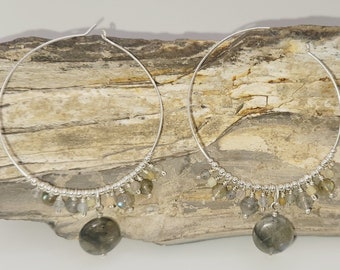 Labradorite Hoop Earrings, Yellow Opal, Sterling Silver