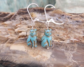 Czech Glass Cat Earrings, Sterling Silver Lever Backs