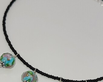 Sparkly Aqua Lampwork Glass  Seed Bead Choker