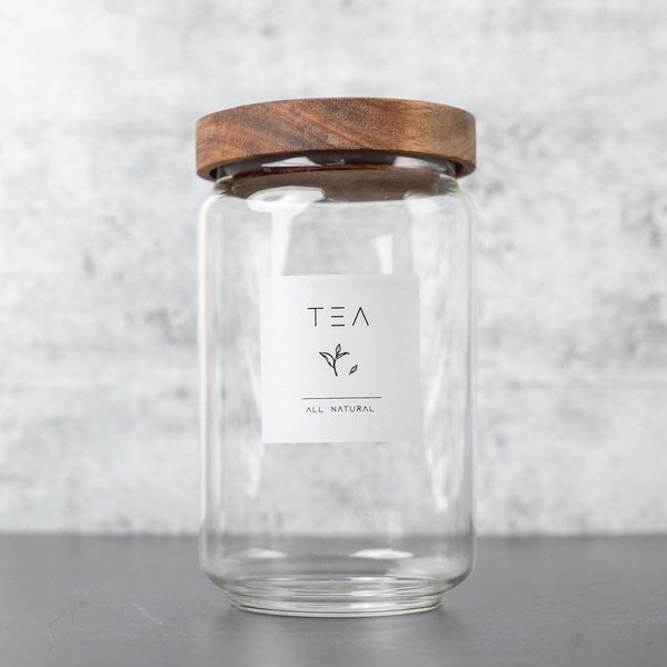 Glass Tea Canister with Wood Lid & Label