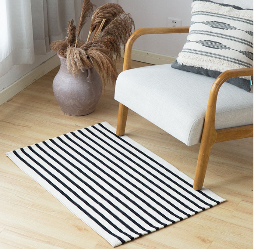 Black & Neutral Striped Indoor Outdoor Machine Washable Rug Etsy