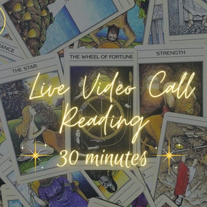 Puede incluir: Un collage de cartas de tarot con un icono de cámara de vídeo y el texto "Live Video Call Reading 30 minutes" superpuesto en la imagen.