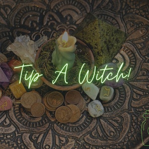 Tip een heks |  Pot met virtuele fooi + één kaart Intuïtief lezen | Pot met bedanktips | Waardering voor je lezing | Lezen op basis van donaties