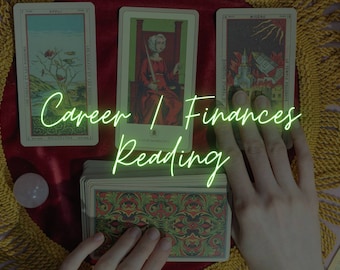 May include: Three tarot cards laid out on a red velvet surface with a stack of cards in the foreground. The cards are labeled "L'Empereur", "L'Etoile", and "Le Temple Foudroyé". The text "Career | Finances Reading" is written in green neon letters.