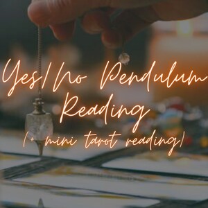 May include: A close-up of a pendulum swinging over a tarot card spread. The text "Yes/No Pendulum Reading + mini tarot reading" is visible in the image.