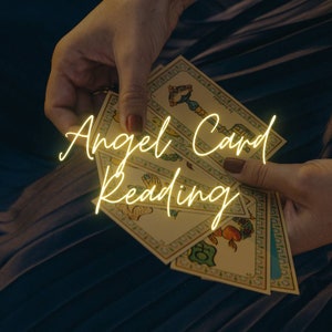 May include: A person's hands holding a stack of angel cards, with the text "Angel Card Reading" in yellow neon lettering.