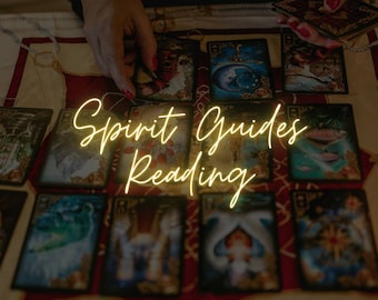 May include: A spread of tarot cards with the words "Spirit Guides Reading" in neon yellow lettering.