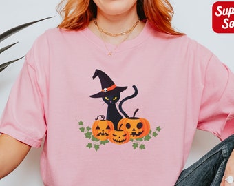 Hexen-Shirt Halloween Kürbis-T-Shirt Katzen-Shirt Halloween schwarze Katze Witchy Tshirt Kürbis-Flecken-Hemd Halloween schwarze Katzen-Hexe-Hut-Hemd
