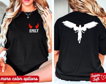 Camiseta personalizada com asas de anjo, moletom com chifres de diabo, asas nas costas, camiseta com asas de anjo, celebração da vida, camiseta de Halloween da fé Fairycore