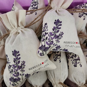 Sacchetti di cotone personalizzati con lavanda essiccata per bomboniere e matrimoni, rustici, naturali, fidanzamento, addio al nubilato, tema lavanda, babyshower