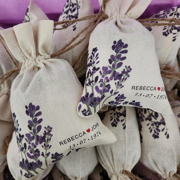 Personalisierte Baumwollsäckchen mit getrocknetem Lavendel für Hochzeit und Party, rustikal, natürliche Verlobung, Brautparty, Lavendel-Thema, Babyparty