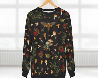 halloween sweater, mushroom sweater, skull art sweater, mushroom art sweater, mushroom sweater, witchy sweater,  botanical art, gift idea