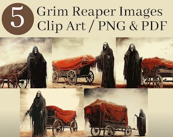 Op de afbeelding: Vijf digitale illustraties van een Grim Reaper in een zwarte robe, die naast een rood bedekte wagen staat. De wagen heeft houten wielen en staat tegen een woestijn achtergrond. De tekst "300 DPI / 3000 x 2400 px" staat onderaan de afbeelding.