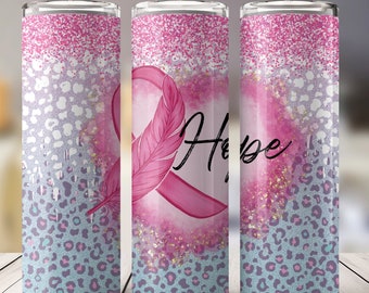 20 oz Pink Glitter & Cheetah Sublimation Print Tumbler Wrap with Breast Cancer Awareness Ribbon with Feather Accent