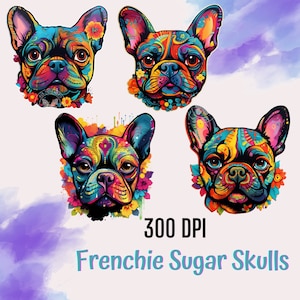 Colorful Sugar Skull French Bull Dog Clip Art - Vibrant Dia de los Muertos Graphics | Day of the Dead Illustrations
