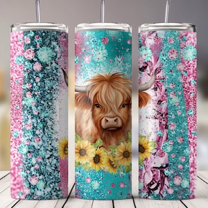 Bling Highland Cow with Sunflowers 20 oz Sublimation Tumbler Wrap Design for Crafting