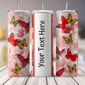 Rote Schmetterlinge und Gold Funkeln | Add Your Name Becher Wrap 20 oz. Gerader dünner kundenspezifischer Tumbler Wrap