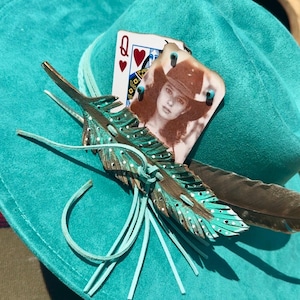Genuine Leather Feather Hat Band with decorative playing card- one-of-a-kind & turkey feather - FREE SHIPPING -Hat not included