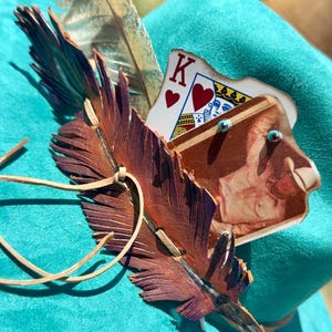 Genuine Leather Feather Hat Band – Right side- Handmade w/ playing card & owl feather - one-of-a-kind - FREE SHIPPING -Hat not included