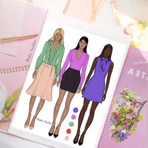 May include: Fashion illustration featuring three women in stylish outfits. The first woman wears a green blouse and peach skirt, the second a purple top and black skirt, and the third a purple dress. The artist's name, Ralu Andre, is visible.