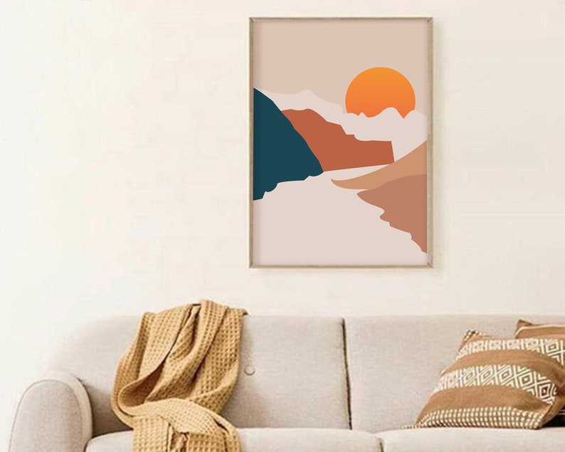Abstract Mountains Poster Abstract River Wall Art Minimalist Landscape Art Print Sun Landscape Art Print Boho Art