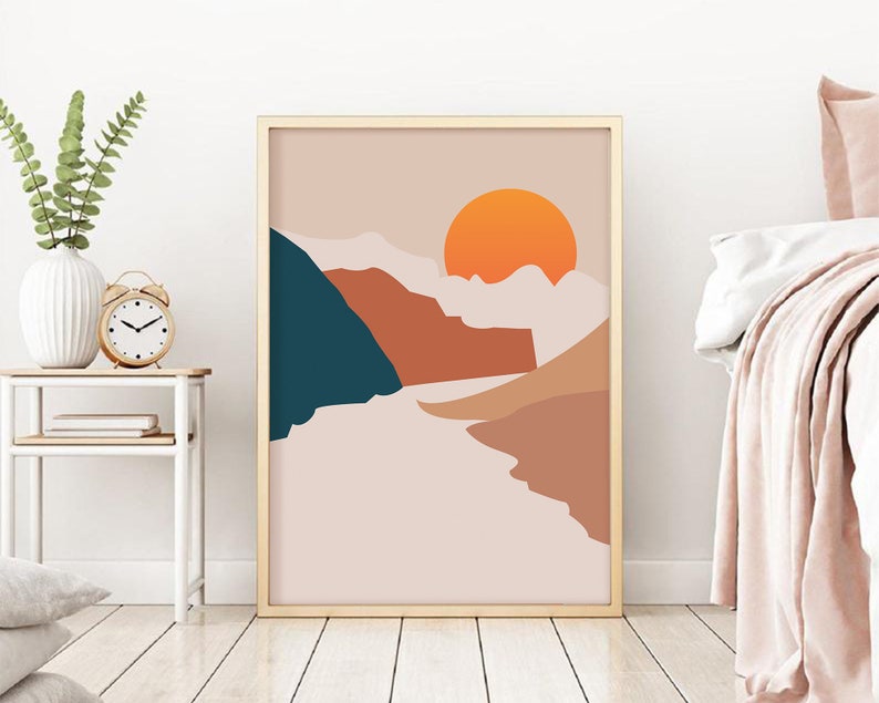Abstract Mountains Poster Abstract River Wall Art Minimalist Landscape Art Print Sun Landscape Art Print Boho Art