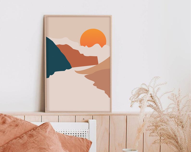 Abstract Mountains Poster Abstract River Wall Art Minimalist Landscape Art Print Sun Landscape Art Print Boho Art
