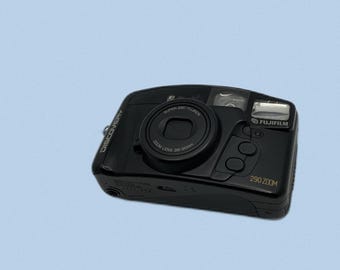 Cámara compacta Fujifilm Discovery 290 Zoom vintage de los años 90 con película de 35 mm y estuche