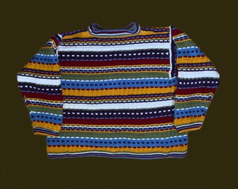 Pull en tricot fait main coloré tricoté à la main XXL doux et épais texturé rouge bleu jaune vert blanc violet à rayures style coogi 3D