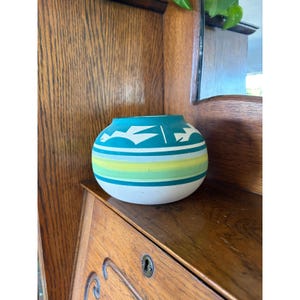 Ute Mountain Tribe Pottery Hand Painted Seed Jar Turquoise Green J.T. Signed