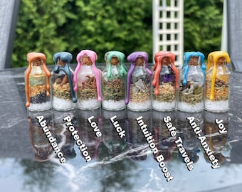 Crystal Jar Keychain ~ My Most Popular Spell Bottles ~ Miniature Handmade Goods ~ Luck, Love, Anti-Anxiety, Protection and more