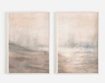 Vintage muted printable wall art, Set of 2 beige blue prints, Neutral Misty Landscape, Printable watercolor landscape art, Vertical wall art