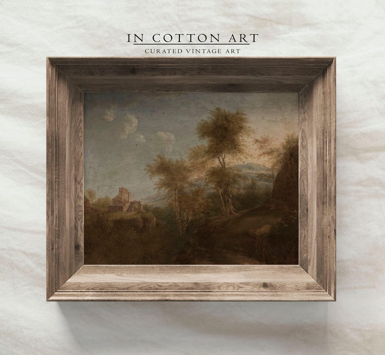 Vintage boomlandschapsschilderkunst / rustieke herfstkunstwerken / antiek huisdecor AFDRUKBAAR / warm getinte noodlijdende schilderij | P193 afbeelding 3