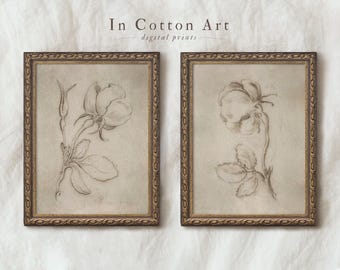 Vintage botanical prints set of 2, Antique flower sketch, Botanical neutral sketch, Rose sketch print, Rose drawing set of 2, Sketch art