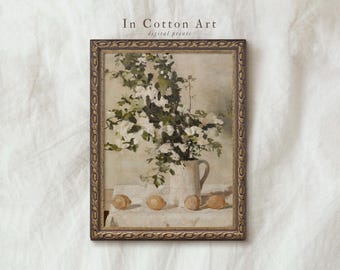 Neutral Still Life Oil Painting / White Flower Vase Art Print / Vintage Farmhouse Kitchen Art PRINTABLE | P147