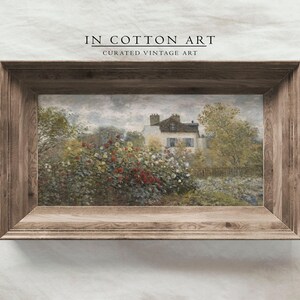 Panoramic Rustic Farmhouse Art Print / Floral Spring Wall Art / Vintage English Cottage Painting Above Bed / Narrow Oil Painting | D176 image 4