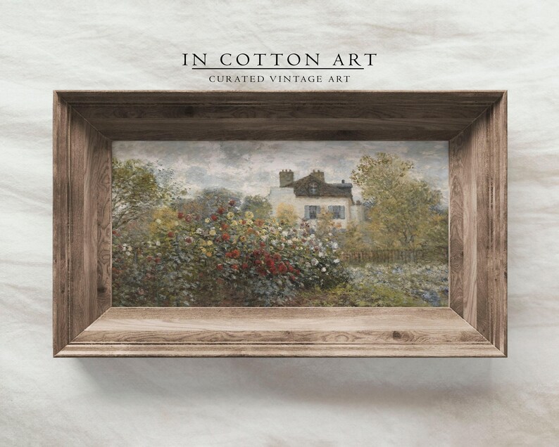 Panoramic Rustic Farmhouse Art Print / Floral Spring Wall Art / Vintage English Cottage Painting Above Bed / Narrow Oil Painting | D176 image 4