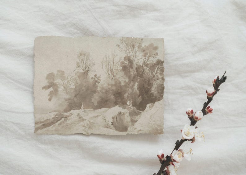Stampa paesaggio seppia vintage, stampa seppia neutra, acquerello seppia, paesaggio inchiostro seppia, stampa antica seppia, arte murale neutra immagine 3
