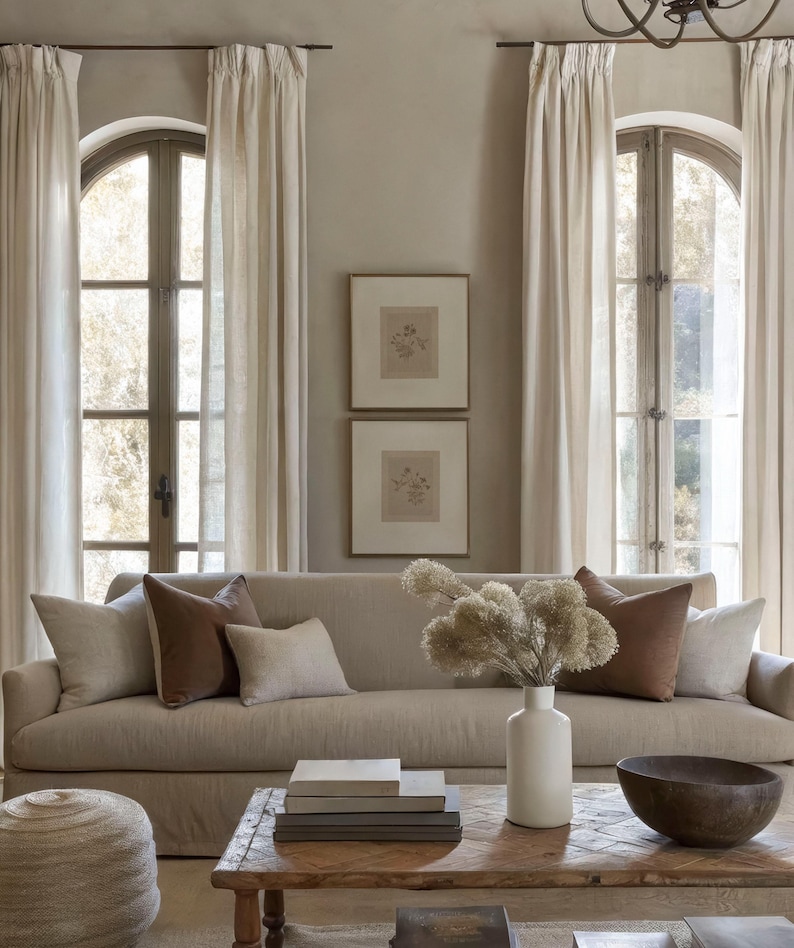 Puede incluir: Un sal&oacute;n de tonos neutros con un sof&aacute; beige adornado con varios cojines. Una mesa de centro de madera exhibe libros, un jarr&oacute;n blanco con flores secas y un cuenco de madera. Dos grabados bot&aacute;nicos enmarcados cuelgan de la pared.