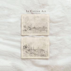 Lot de 2 dessins minimalistes vintage / Art de croquis de paysage blanc cassé neutre IMPRIMABLE / Décoration d'intérieur élégante et classique NUMÉRIQUE | D78