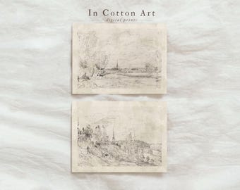 Vintage Minimalist Drawing Set of 2 / Neutral Off-White Landscape Sketch Art PRINTABLE / Classic Elegant Home Decor DIGITAL Dwonload | D78