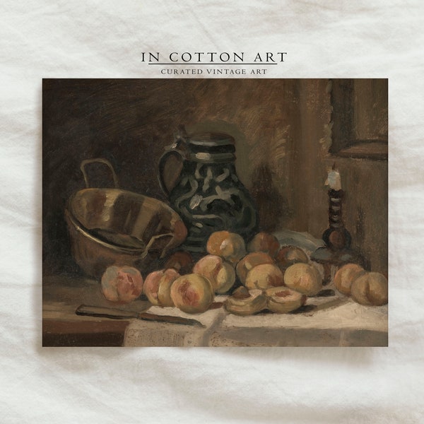 Moody Peach Still Life Pintura al óleo / Country Kitchen Art Print / Vintage Dark Wall Art / Decoración de la pared de la granja Descarga DIGITAL / P172