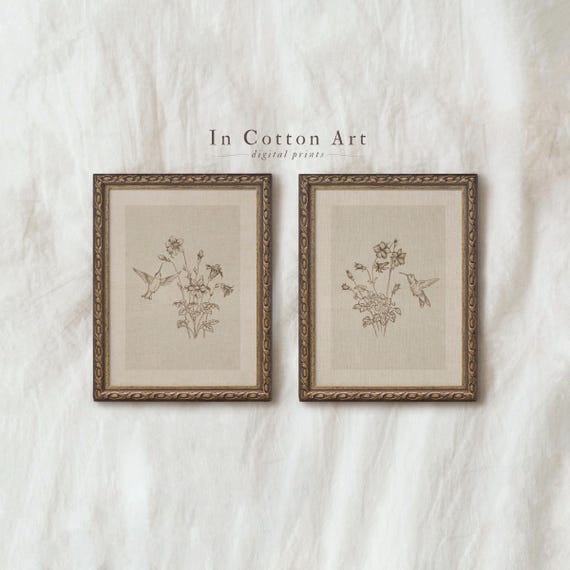 Set of 2 Vintage Hummingbird Prints,  Neutral Botanical Sketch, Farmhouse Wildflower Wall Art | D106