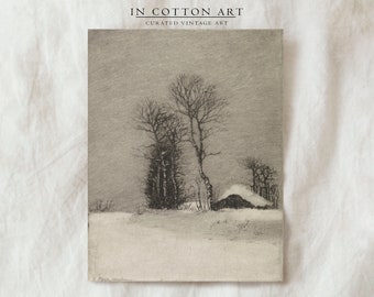 Vintage Winter Landscape Drawing / Moody Christmas Art Print / Rustic Holiday Digital Print | D16