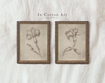 ヴィンテージ風植物画（ニュートラルカラー）／ブラウン系フローラルアートワーク（印刷可能）／フラワーエッチングデジタルダウンロード｜D9