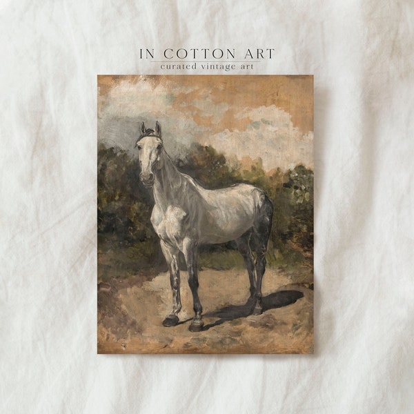 Vintage White Horse Oil Painting PRINTABLE / Farmhouse Digital Art Print / Equestrian Wall Art Decor | P141