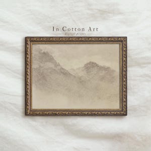 A framed digital print of a landscape depicting a mountain range.