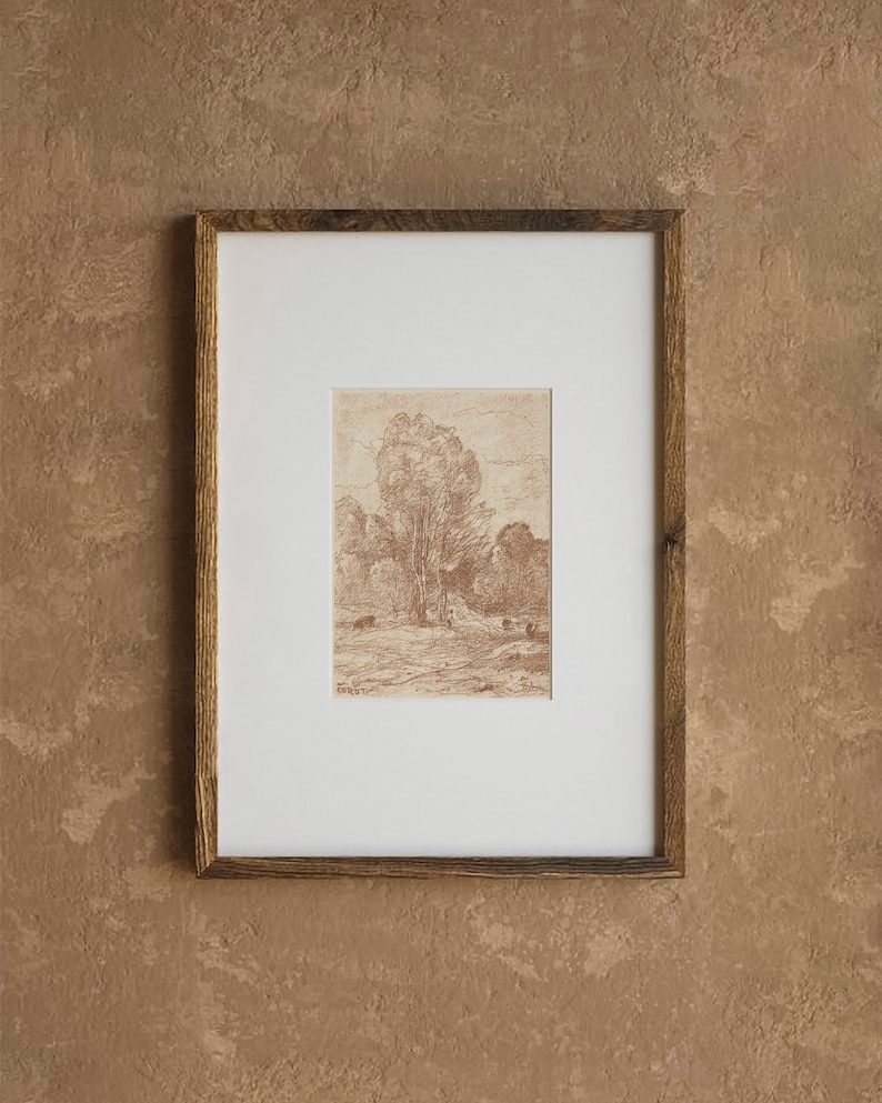 Antique Farmhouse Sketch Art Print / Neutral Landscape Etching / Vintage PRINTABLE Digital Art image 3