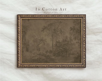 Vintage Foggy Forest Print / Minimalist Antique Wall Art PRINTABLE / Dark Brown Tree Painting | P150